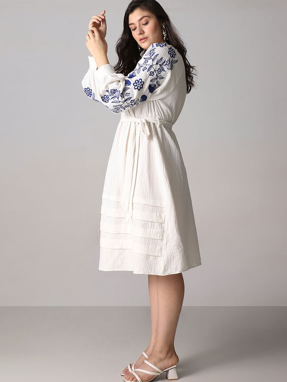 White Embroidered Print Fit & Flare Dress