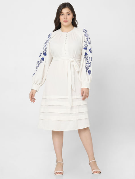Curve White Embroidered Print Fit & Flare Dress