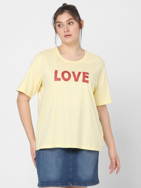 Yellow Embellished Text Print T-shirt