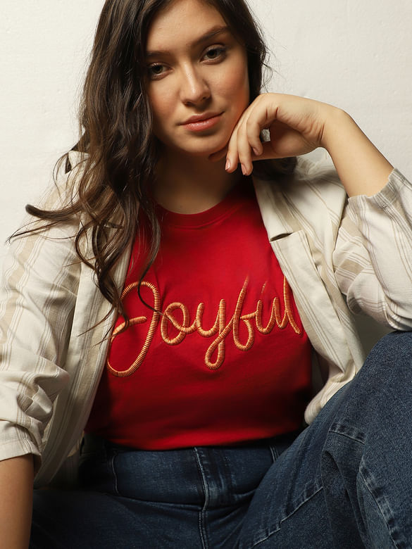 Red Embroidered Text Print T-shirt