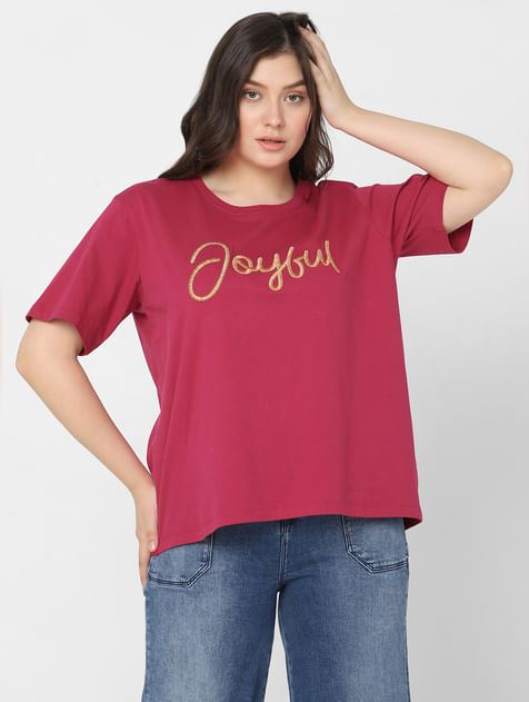 Red Embroidered Text Print T-shirt
