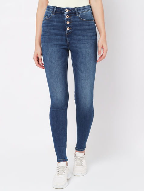 Blue High Rise Buttoned Skinny Jeans