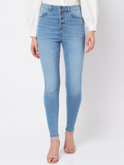 Light Blue High Rise Buttoned Skinny Jeans