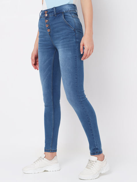 Blue High Rise Buttoned Skinny Jeans