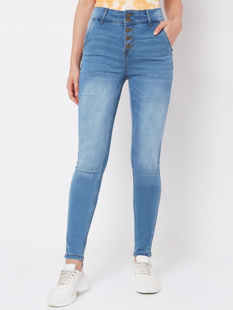 Light Blue High Rise Buttoned Skinny Jeans