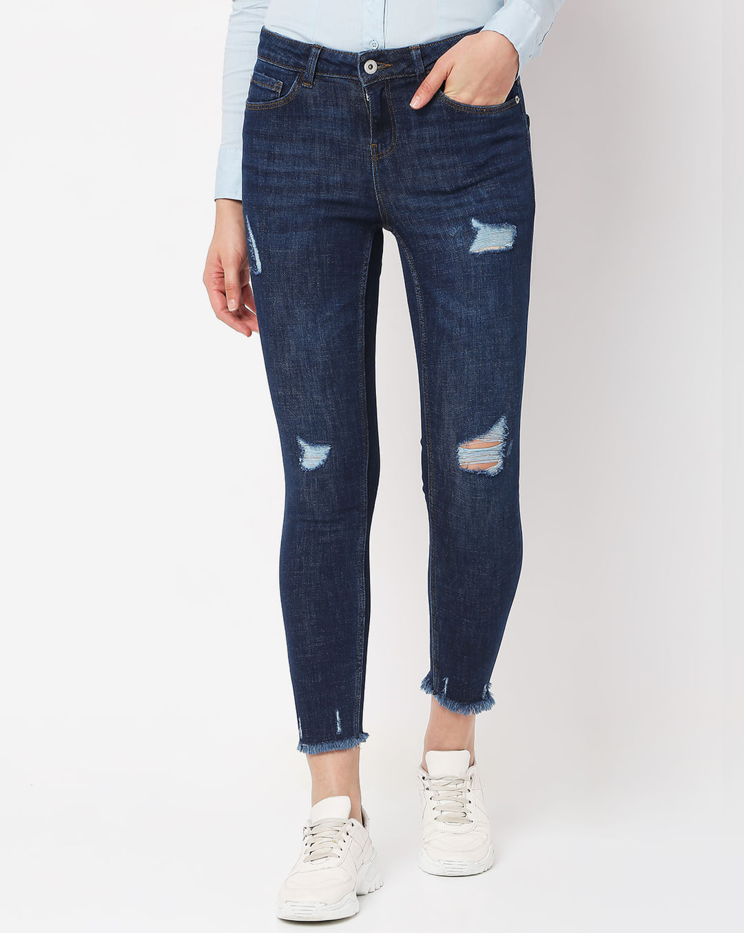 Buy Blue Mid Rise Distressed Skinny Jeans for Women Online