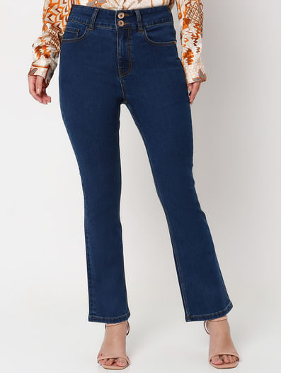 Blue High Rise Twin Button Bootcut Jeans