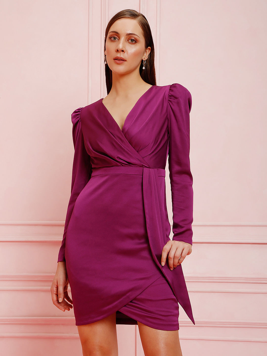 Long pink hot sale wrap dress