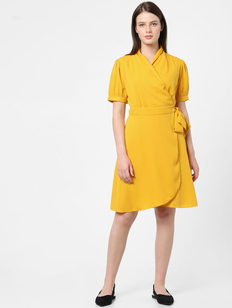 Yellow V-Neck Wrap Dress