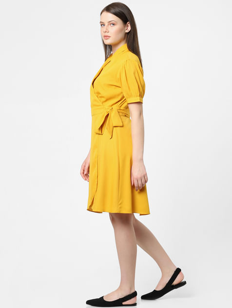 Yellow V-Neck Wrap Dress