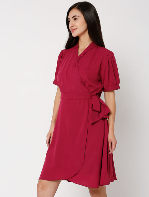 Dark Red V-Neck Wrap Dress