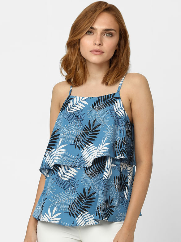 Blue Tropical Print Strappy Top