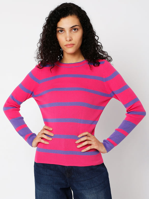 Purple Striped Fitted Sweater