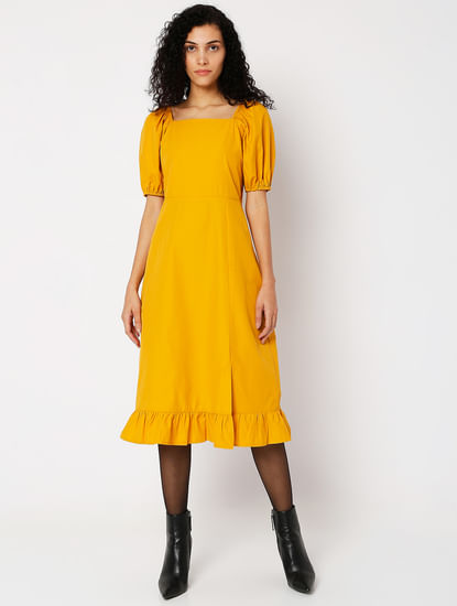 Yellow Square Neck Midi Dress