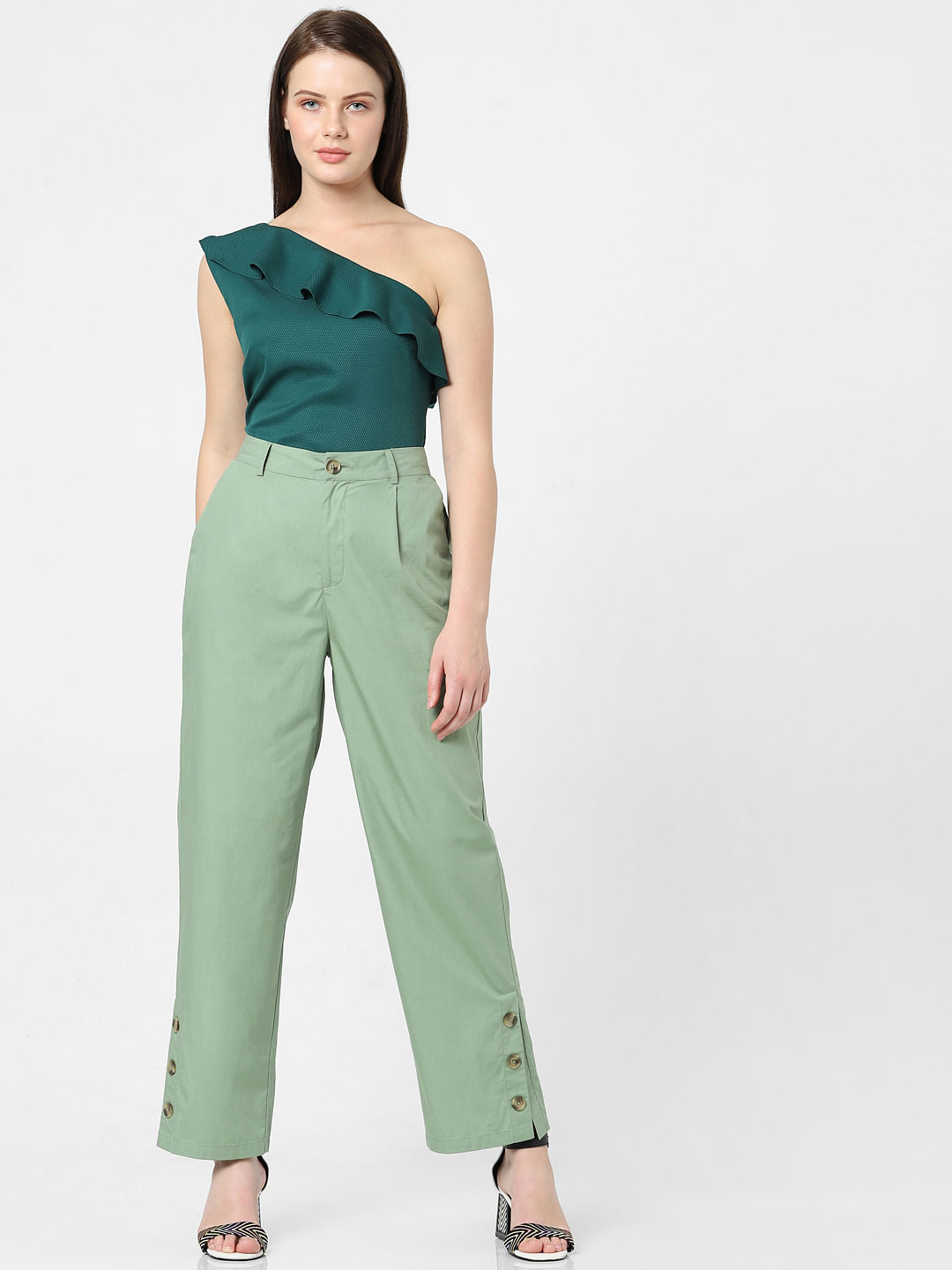Green Stretch Flared Trouser with Gold Buttons  Forever Unique