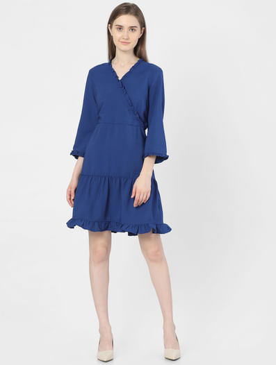 Blue Frill Detail Mini Dress