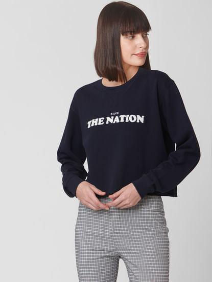 Blue Text Print Cropped Sweatshirt