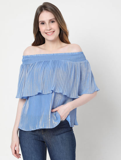 Blue Off-Shoulder Pleated Top