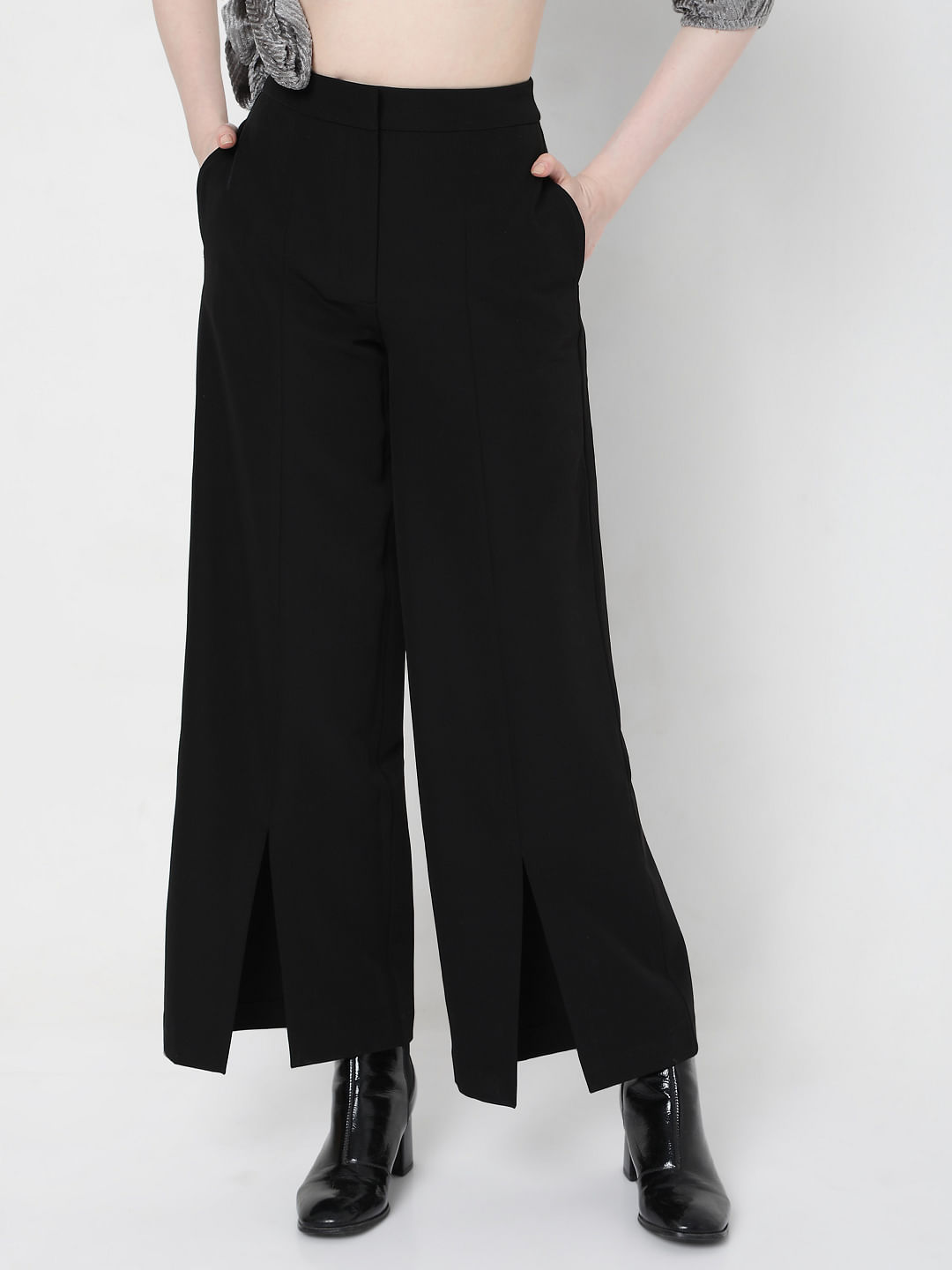 Black Trouser In Lycra With One SIde Cut Out Waist  Styched Fashion
