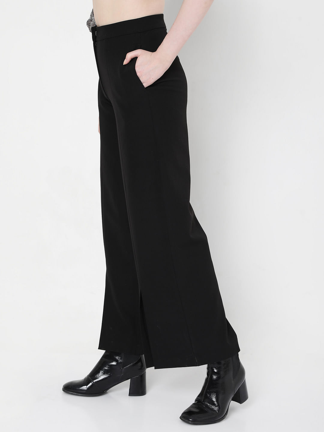 Buy Women Black Belted High Waist Straight Fit Trousers  Trends Online  India  FabAlley