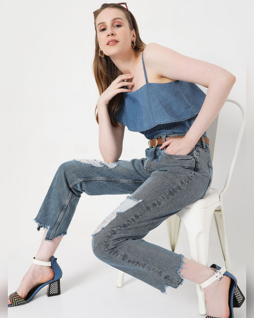 Blue Mid Rise Ripped Mom Jeans 