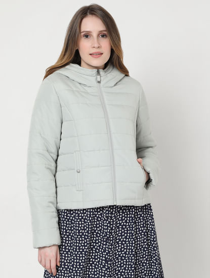 Grey Solid Hooded Puffer Jacket