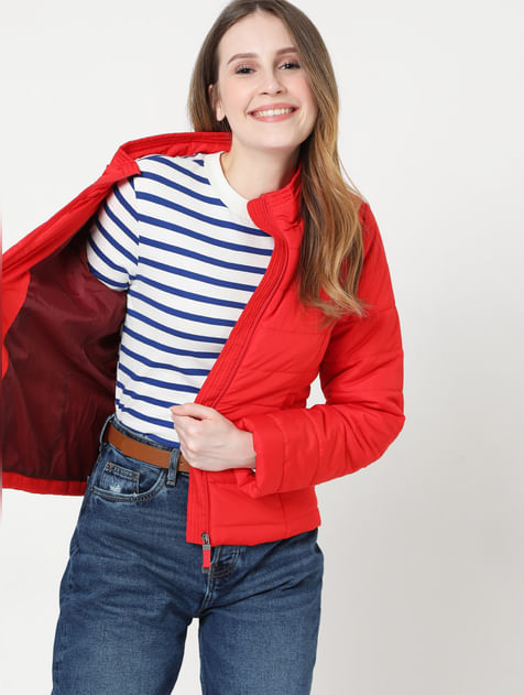 Red Solid Hooded Puffer Jacket