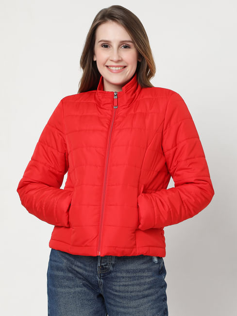 Red Solid Hooded Puffer Jacket