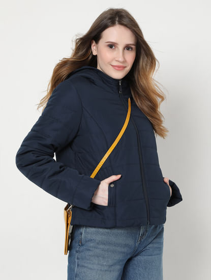 Blue Solid Hooded Puffer Jacket