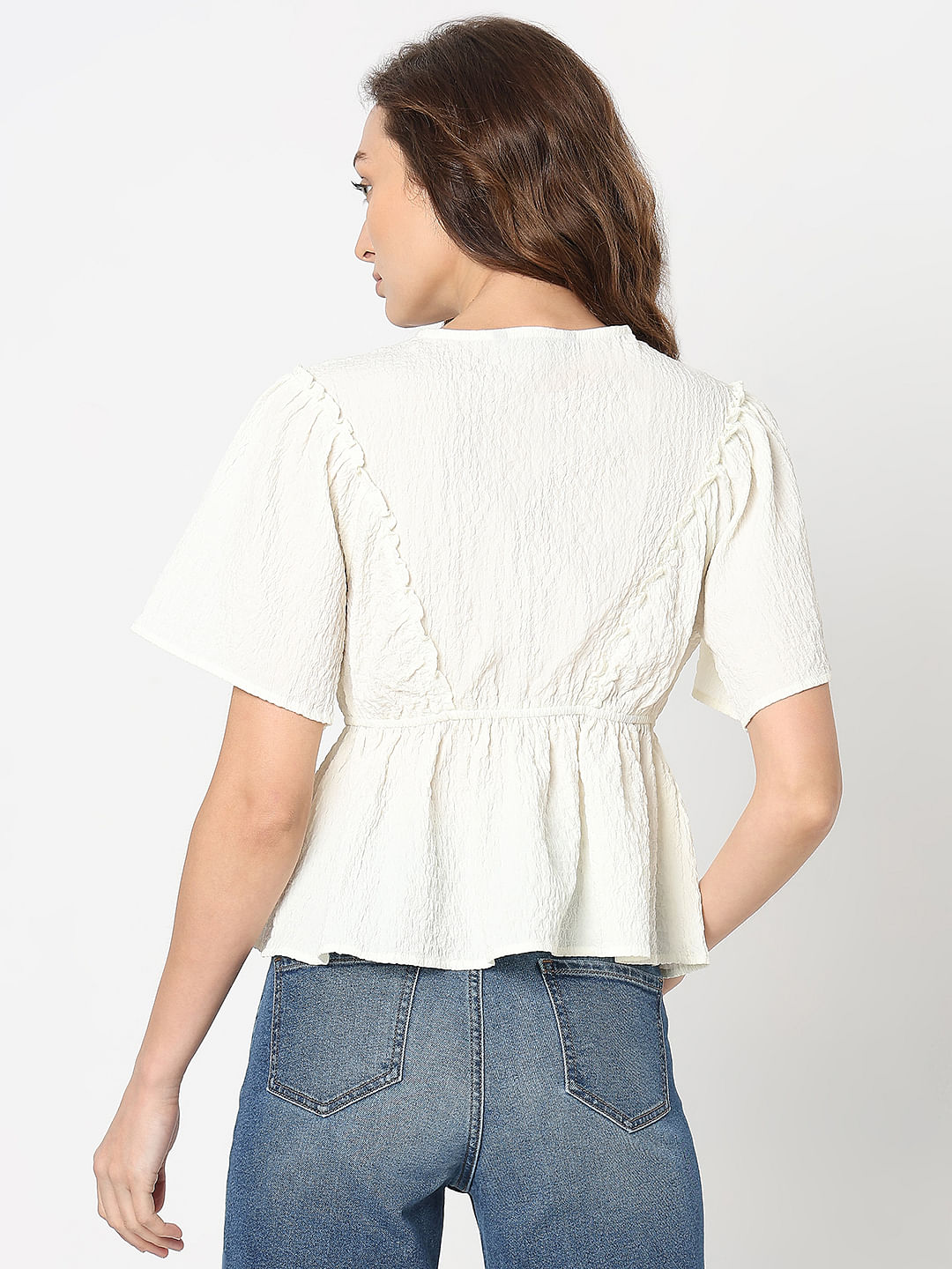 White Textured V-Neck Top