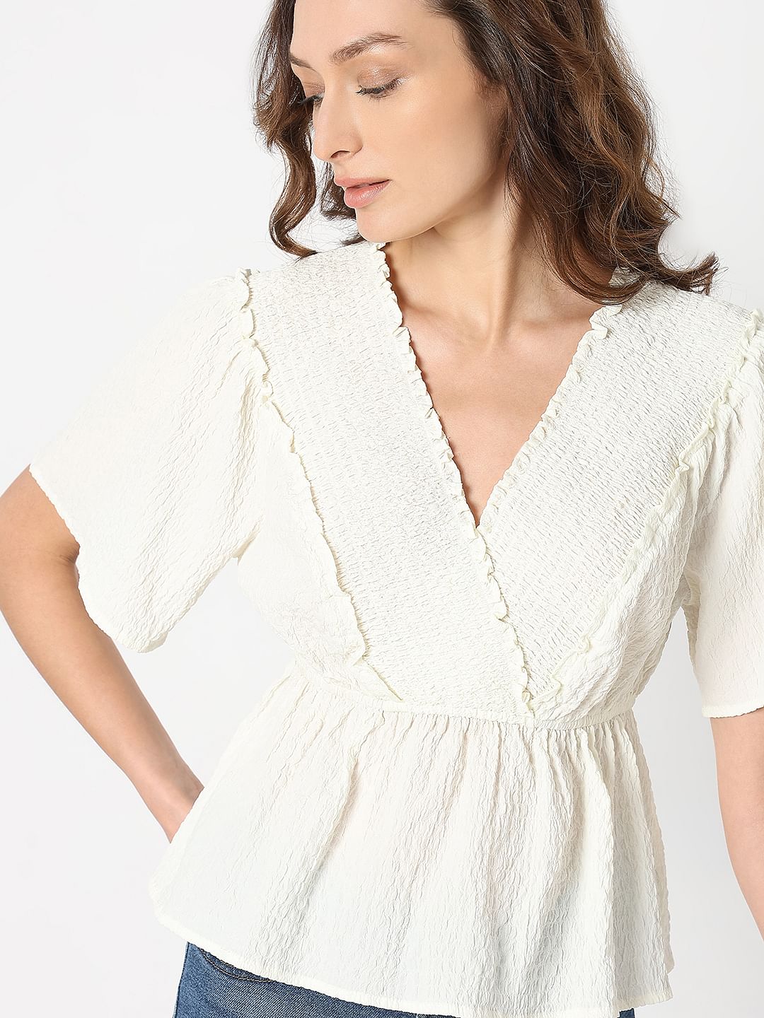 White Textured V-Neck Top|155722901