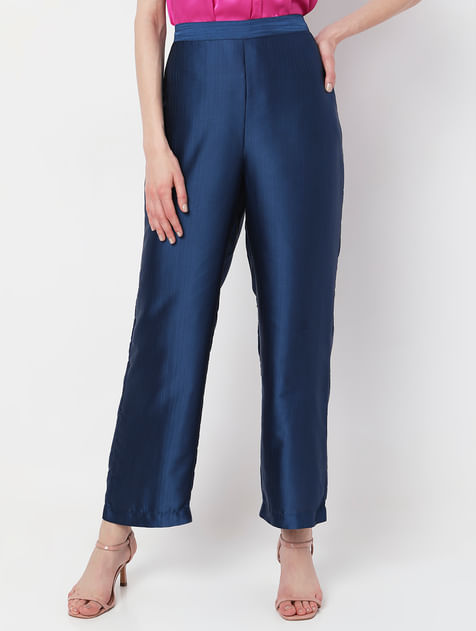 Blue High Rise Straight Fit Pants