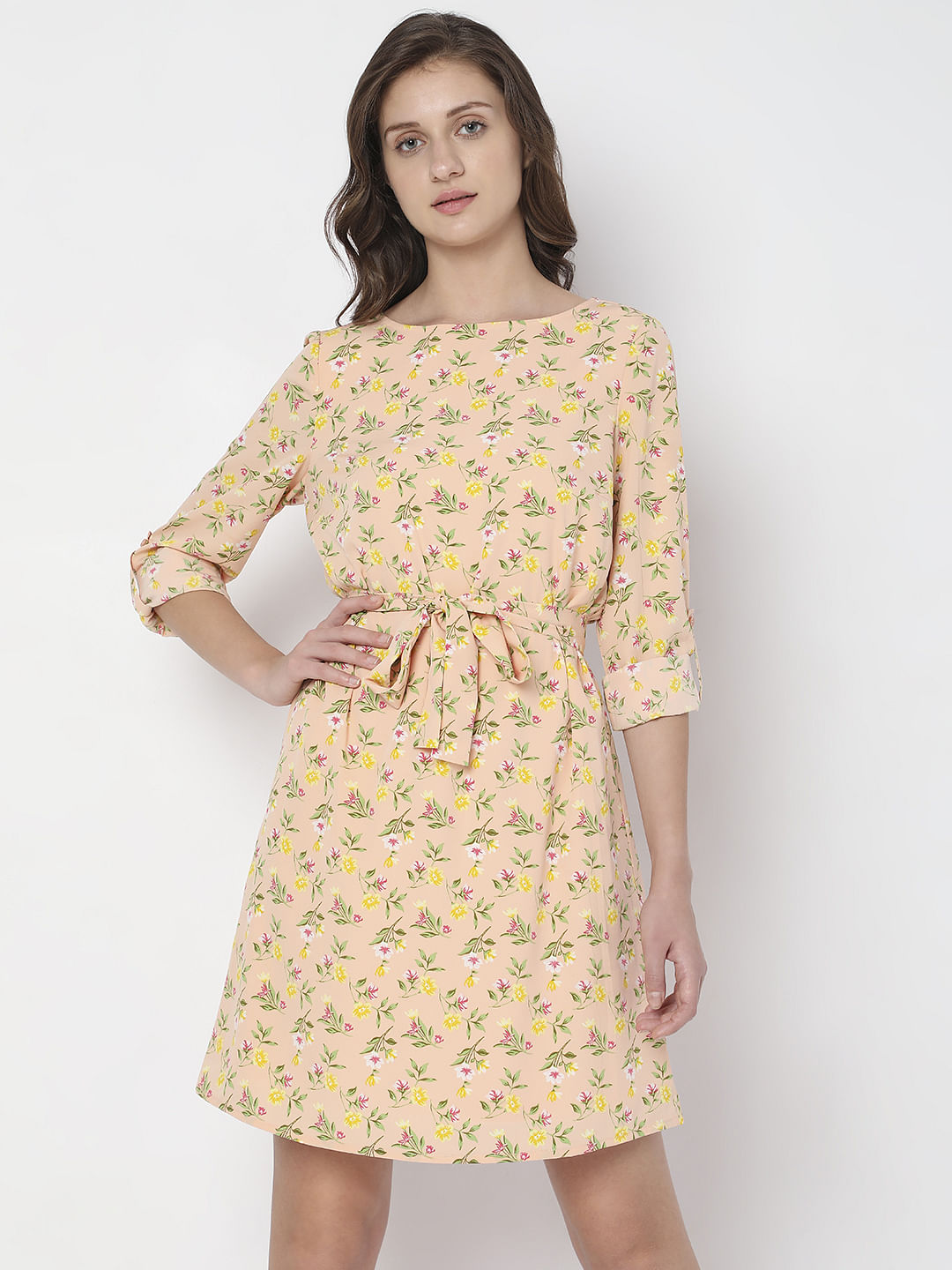 Not So Serious peach floral puff sleeve mini deals dress