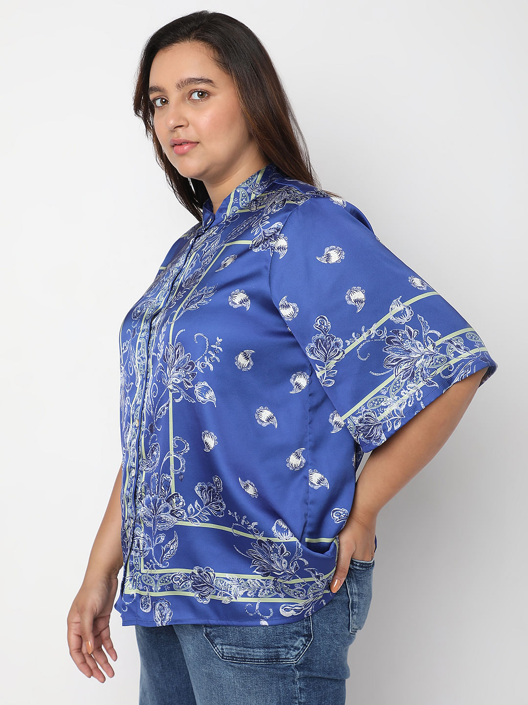 Buy Curve Blue Floral Satin Shirt For Women Online in India | VeroModa