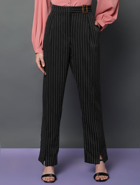 Black High Rise Striped Straight Fit Co-ord Set Pants