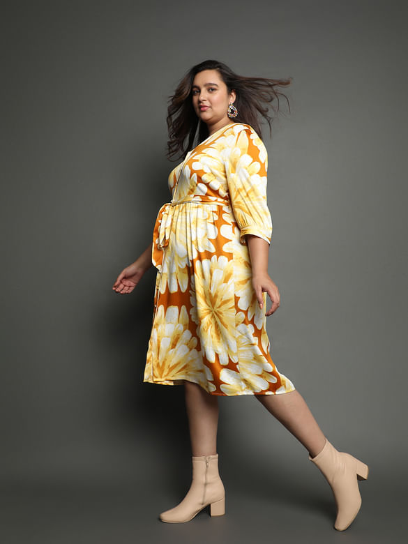 CURVE Yellow Floral Print Midi Dress