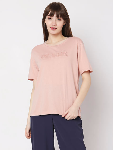 Pink Text Embossed Print T-shirt