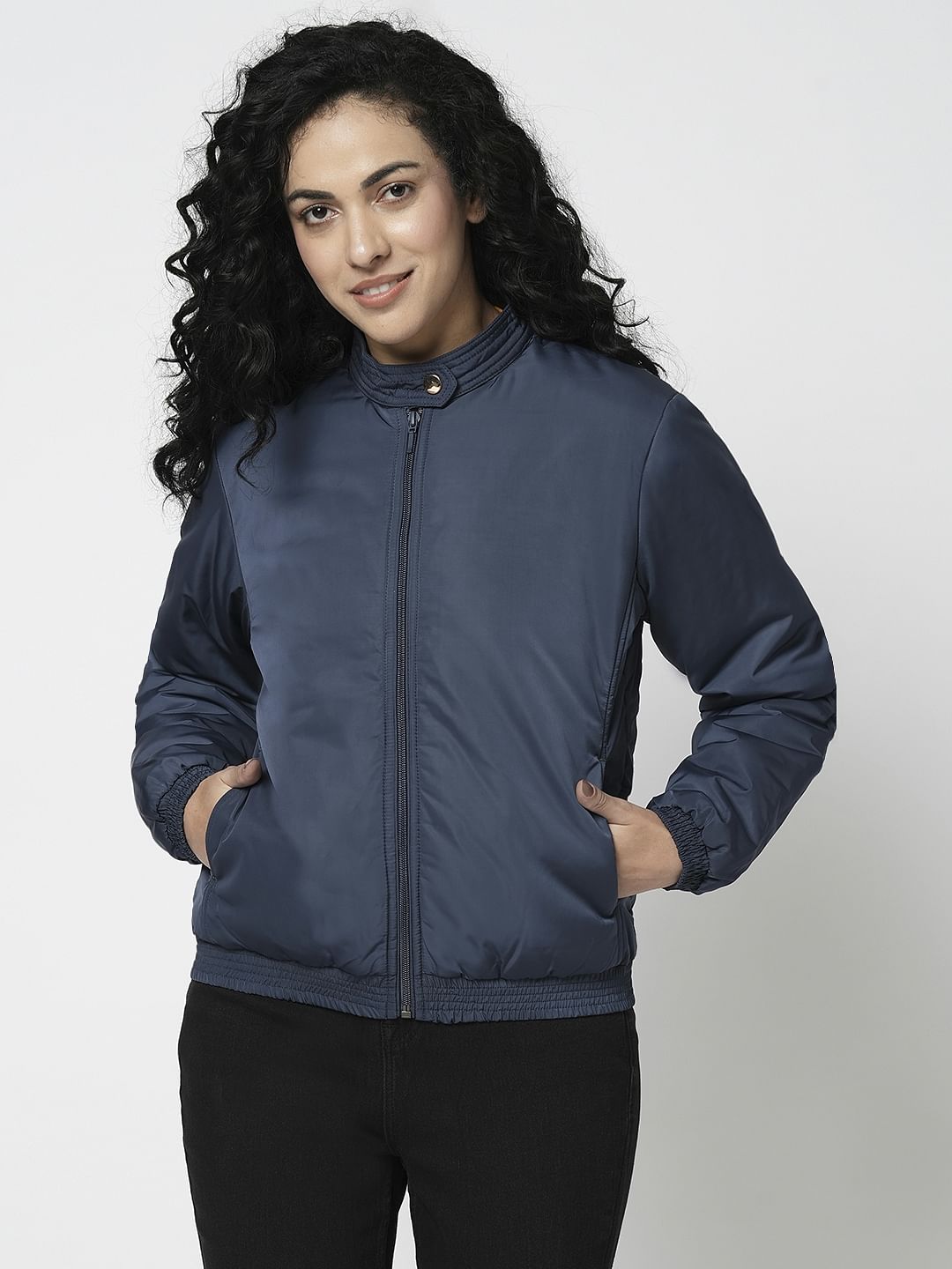 Dark blue on sale bomber jacket womens