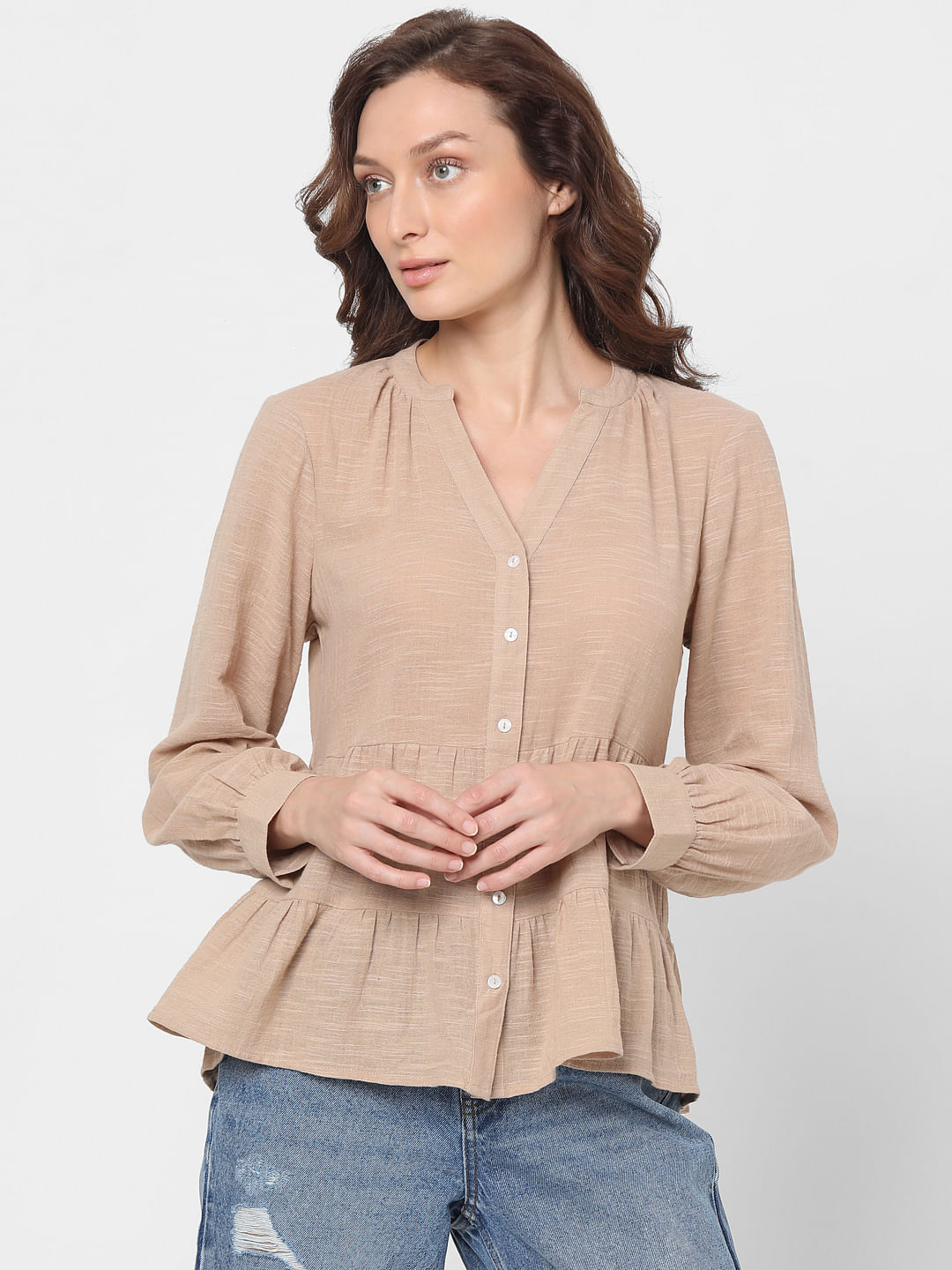 Beige peplum sales top