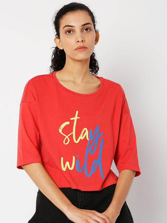 Red Typographic Print T-shirt