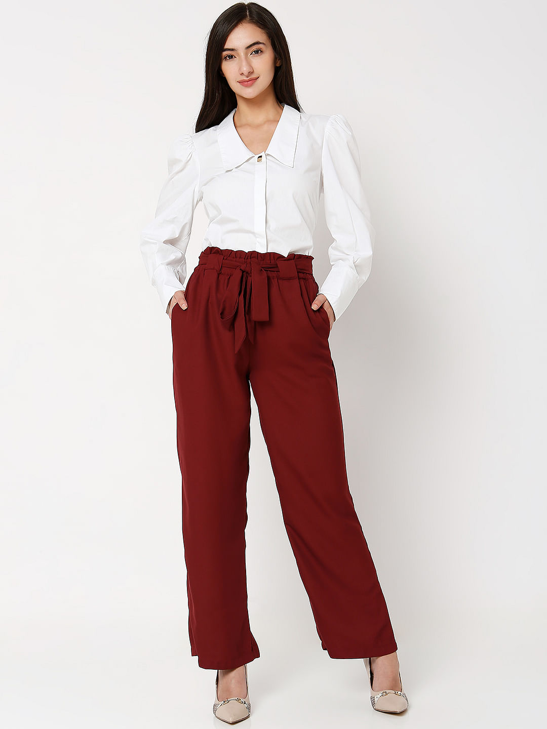 Chic Wine Red Trousers  Paperbag Waist Pants  Red Office Pants  Lulus
