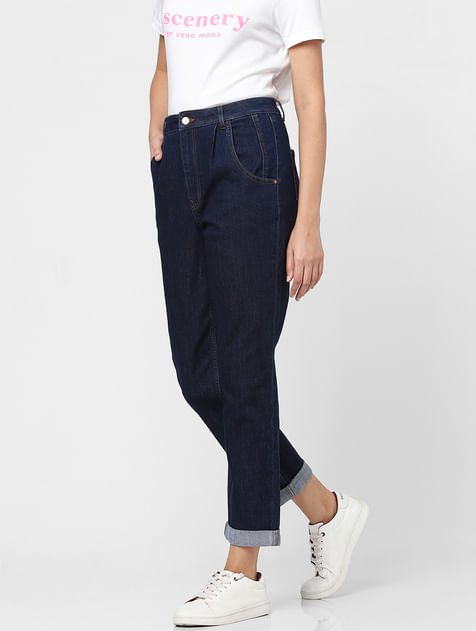 Blue High Rise Pleated Jade Straight Fit Jeans