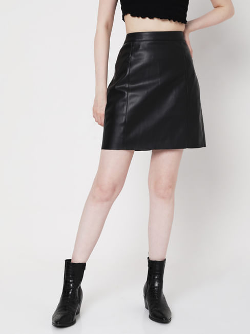 Black High Rise Faux Leather Skirt