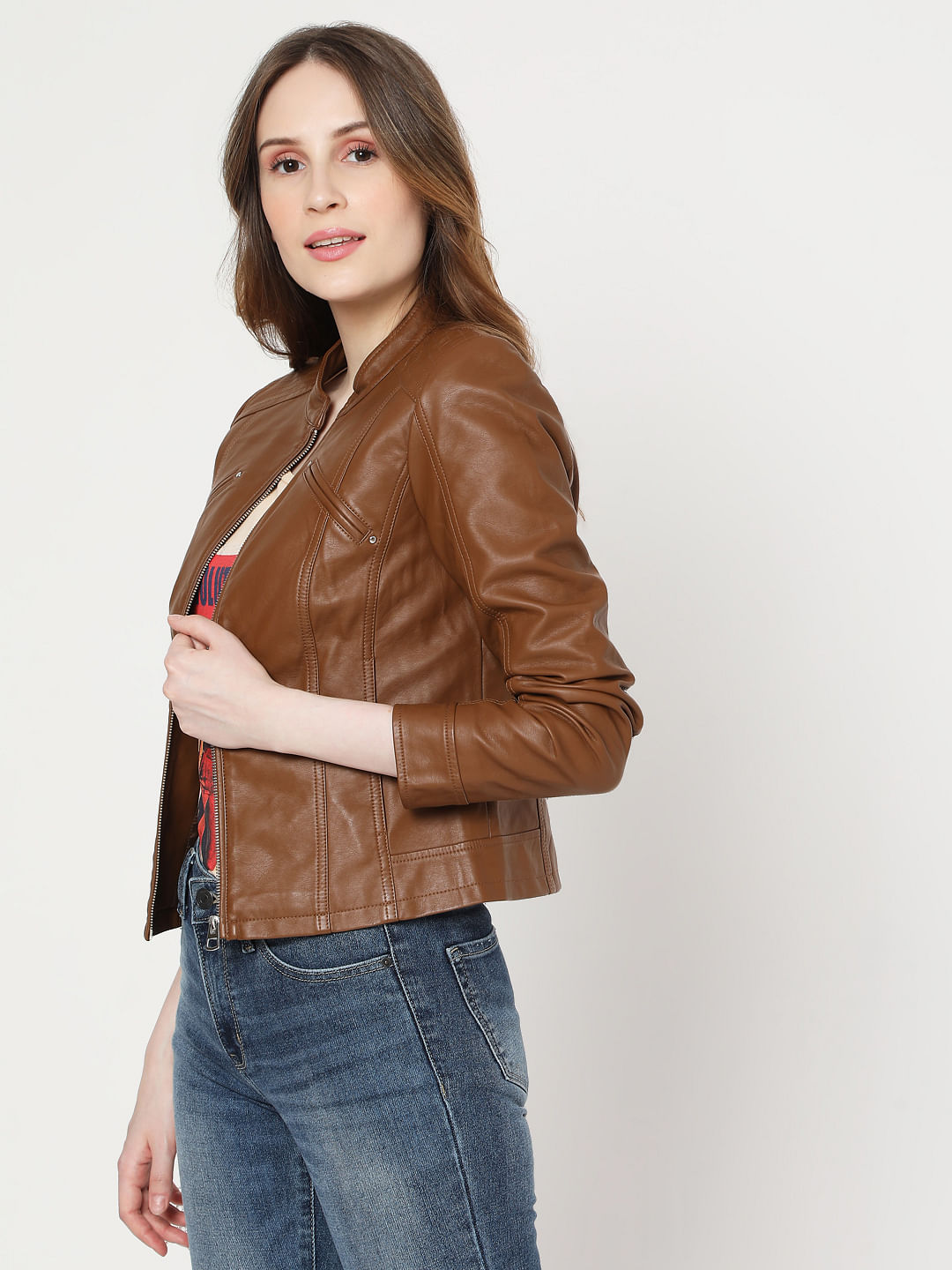 vero moda brown leather jacket