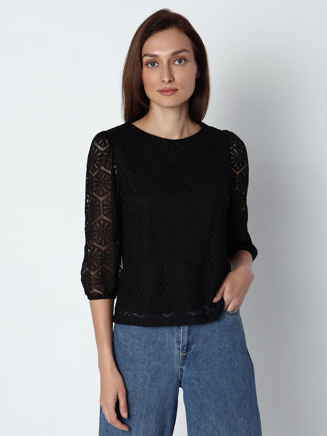 柔らかい Black Lace Top カットソー(長袖+七分)