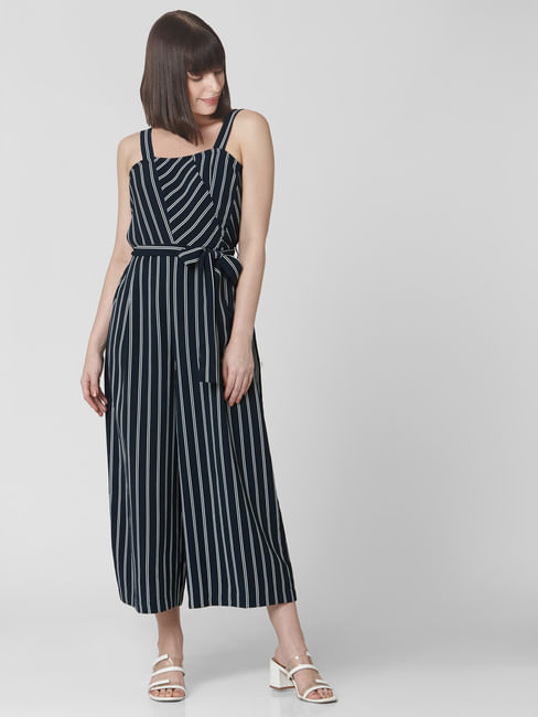 Persona Placeret Goneryl Jumpsuits for Women - Buy Navy Blue Striped Belted Jumpsuit Online In India.
