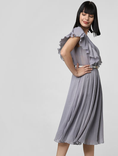 Grey Pleated Sheer Midi Dress