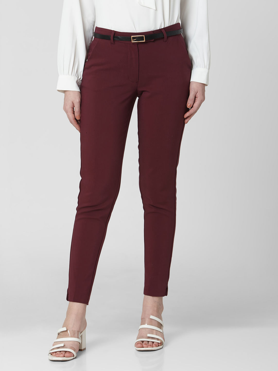 Buy Online Women Maroon Cropped Trousers at best price  Plussin