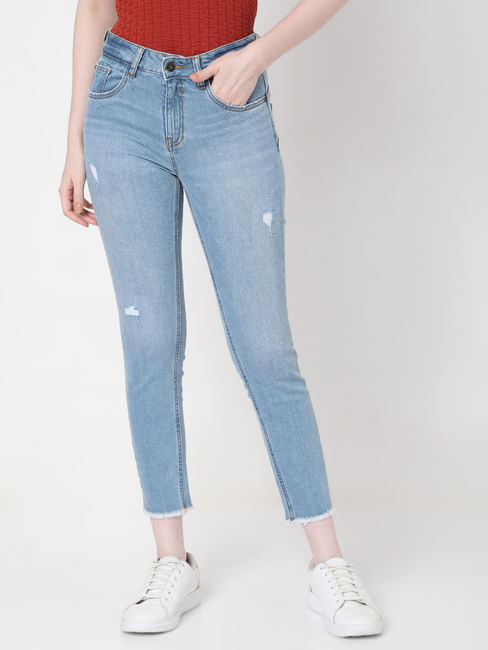Blue Mid Rise Skinny Torn Jeans 