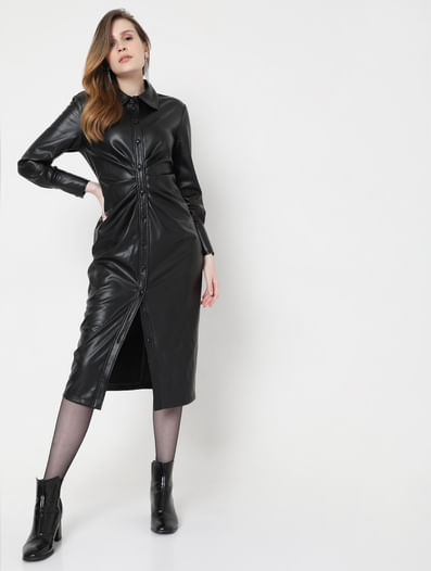 Black Faux Leather Midi Dress